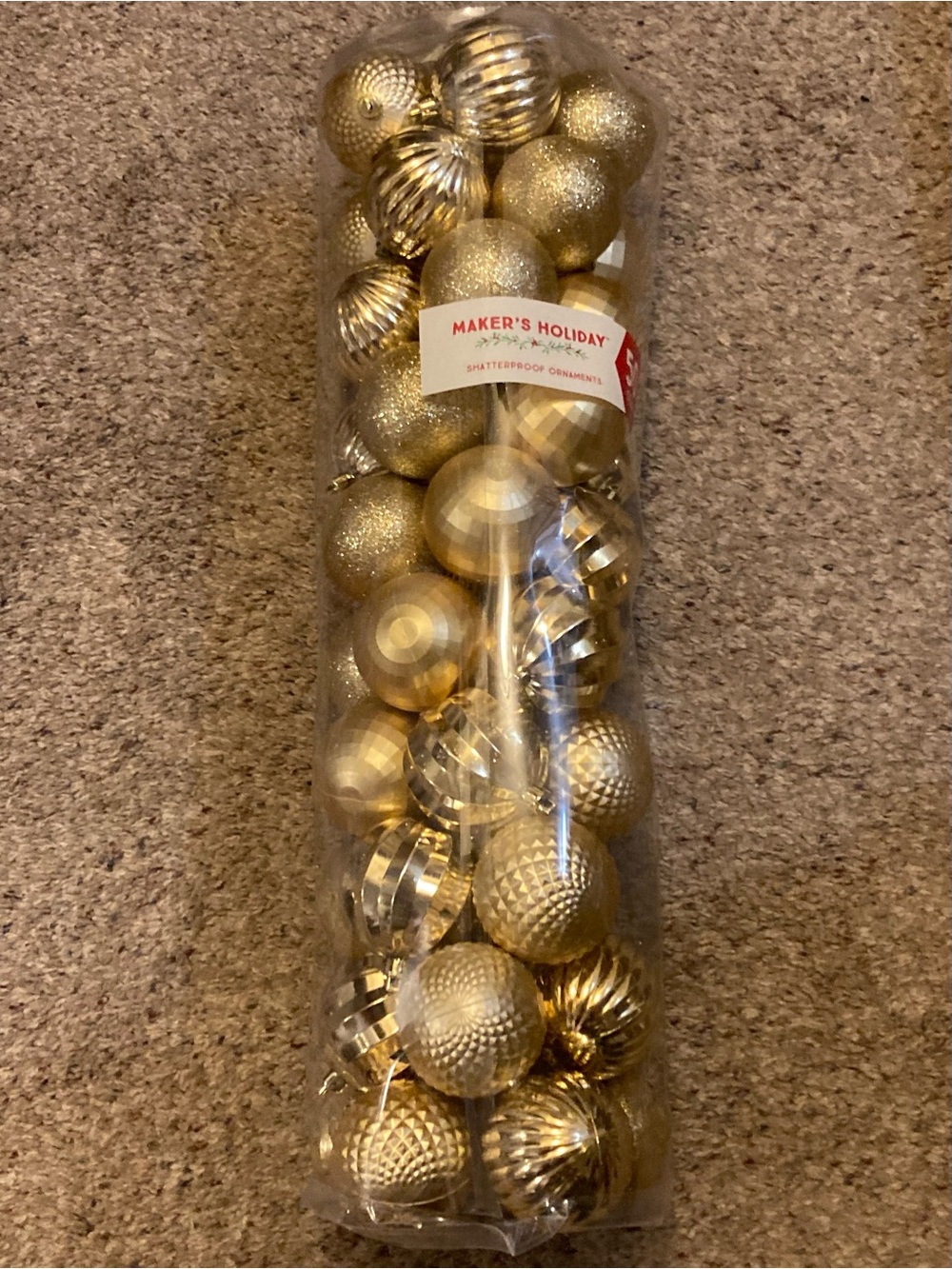 Maker's Holiday Shatterproof Gold Round Bauble Ornaments 50ct Mixed Pattern 2”